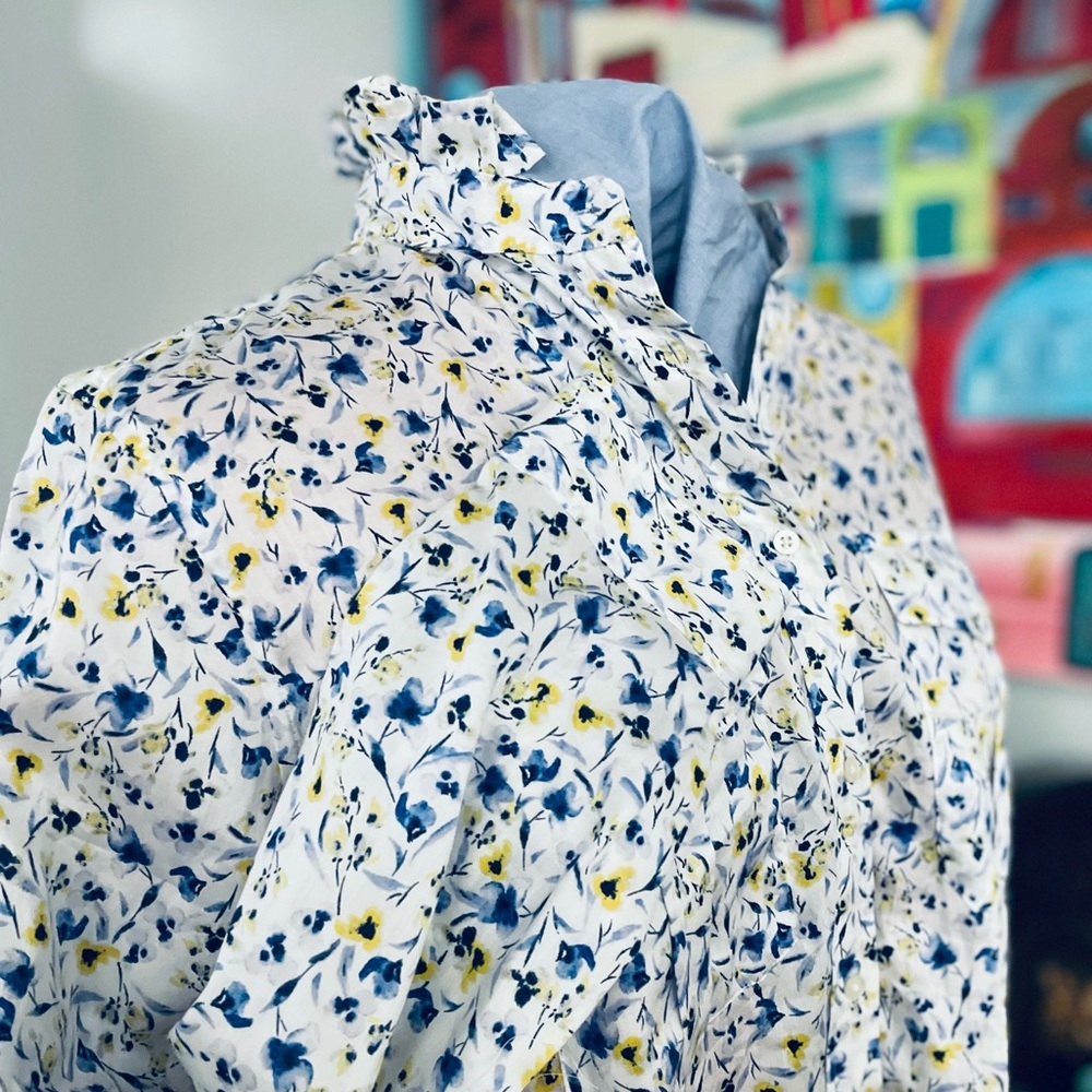 Plus Size Floral Top Ladies  Ruffle Collar Long Sleeve Button Down Shirt